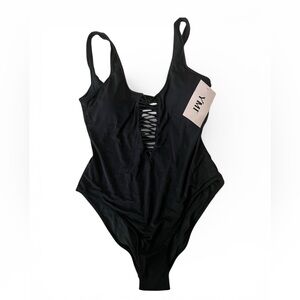 NWT YMI  black one piece swimsuit with slits in front and back